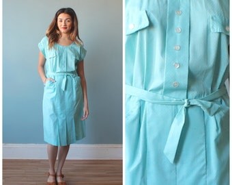 polka dot dress / light blue white polka dot day dress / 1950s / small