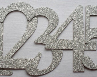 4" Wedding Table Numbers - GLiTTER Top Coat CHiPBOARD - Elegant Font - Color Choice: SILVER Shown