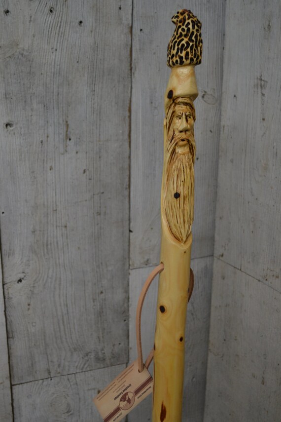 Double Carved Staff Wood Spirit Walking Stick Carving Hand 0149
