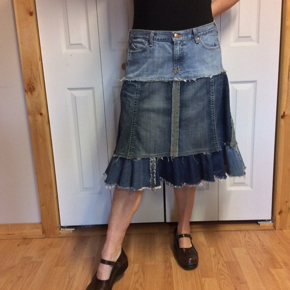 Faded Blue Jean Skirt with Pockets/Upcycled Denim