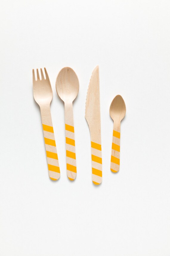 Marigold Stripes - 20 Wooden Utensils - Choose Forks, Spoons, Knives or Ice Cream Spoons Il_570xn