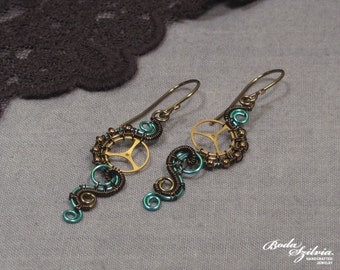 Teal STEAMPUNK EARRINGS - bronze & blue earrings, steampunk dangle earrings, steampunk jewelry, elegant steampunk, blue steampunk