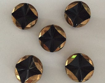 Vintage Czech Glass Buttons - 5 Black with Gold Metallic