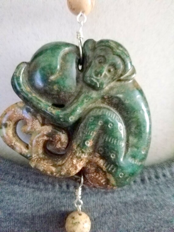 Jade Carved Monkey Pendant with Green Jade Beads