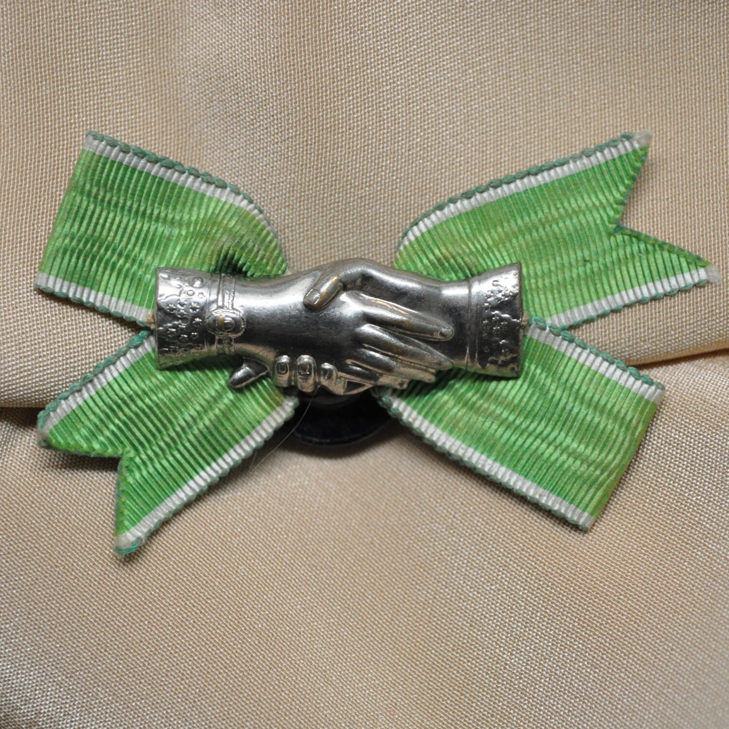 Vintage French Buttonhole Ribbon Bow Clasped Hands Fellowship