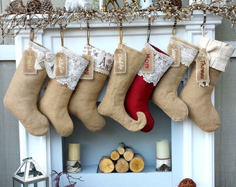 Burlap Lace Linen Christmas Stockings Country Primitive Rustic Decor Personalized Christmas Stocking Embroidered Burlaps Fabric Name Tags