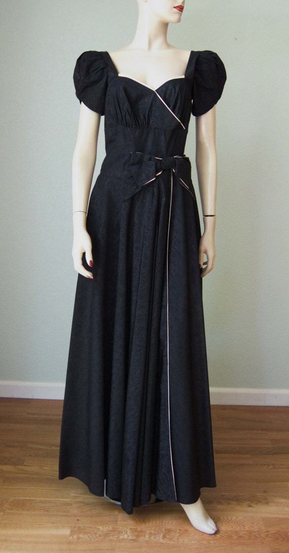 1940s Jet Black Moire Taffeta Evening Gown // Faux Wrap Style