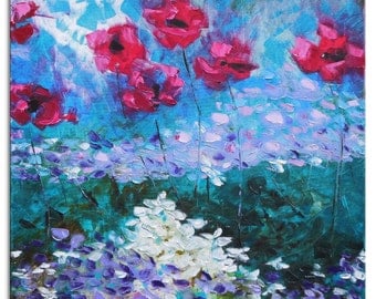 Hydrangeas and poppies - Original blue red white turquoise Floral Oil Painting Canvas Palette Knife gallery fine art ready to hang impasto