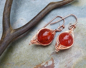 Agate Earrings in Copper, Wire Wrapped Earrings, Orange Fire Agate Herringbone Dangle Earrings in Copper, Fire Agate Copper Earrings,