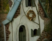 Primitive Lighted Fairy Cottage Worn White w/ sage black roof ~  Comes w/ light and cord ~ Whimsical ~ Birdhouse ~ Hobbit ~ Gnome
