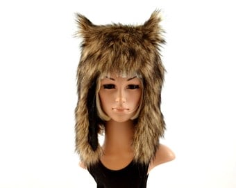 Brown Wolf Hat Faux Fur Animal Hat Werewolf