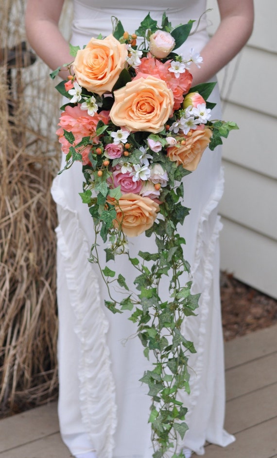 Coral and Peach Cascade Bouquet Trailing Bouquet Wedding