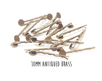 6 pieces - Antiqued Brass - Bobby Pins - 10mm - 2 inch length - Round Pad - Antique Bronze