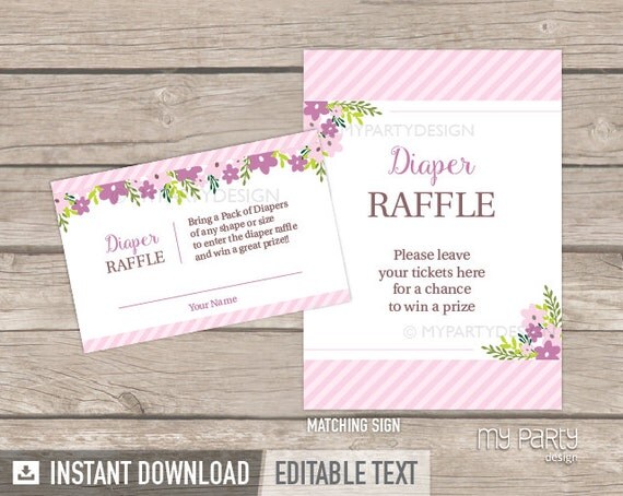 Diaper Raffle Tickets and Sign - Floral Baby Shower - Girl Pink Stripes Flowers - INSTANT DOWNLOAD - Printable PDF with Editable Text Il_570xn