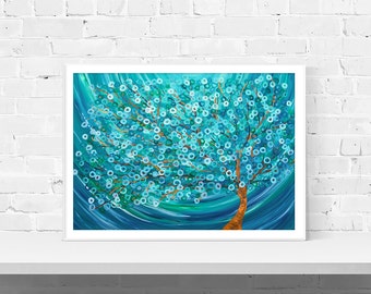 Teal Tree Art Print - 'winter Morning Tree' - Wall Art Print Of Original Abstract Tree Painting In Teal, Turquoise, Silver, & White