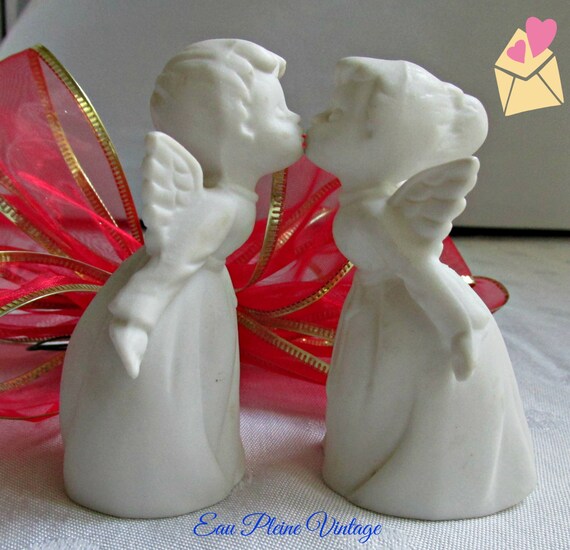 Bisque White Kissing Angels Vintage Figurines from Japan Pair
