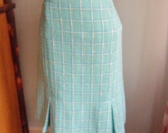 Turquoise Plaid Skirt, Size 14, Knee Length A-Line Skirt with Kick Pleats