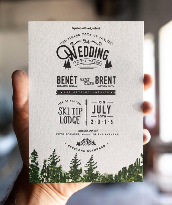 Letterpress and Watercolor Mountain Wedding Invitation: Rustic Trees and Forest