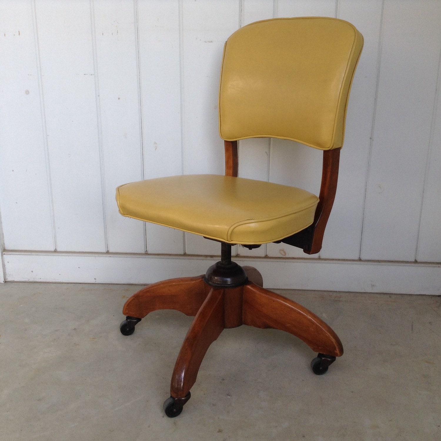 Vintage Wood Yellow Vinyl Swivel Desk Office Chair Industrial