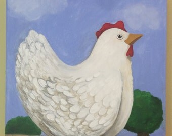 Hen - Kitchen Decor - Original painting - Acrylic on Canvas - Ribbon - 10 inches by 8 inches