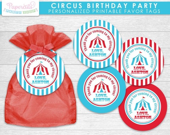 Circus / Carnival Theme Birthday Party Favor Tags | Aqua & Red | Personalized | Printable DIY Digital File Il_570xn