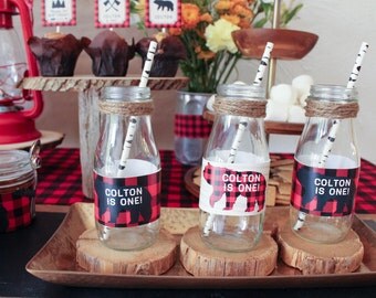 Lumberjack Birthday Water Labels first 1st rustic plaid red black James MB20 Printable