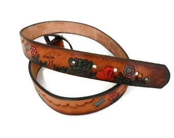 Vintage Boho Hand Tooled and Painted Leather Belt, Flowers Mushrooms Butterflies, 29-34" Waist