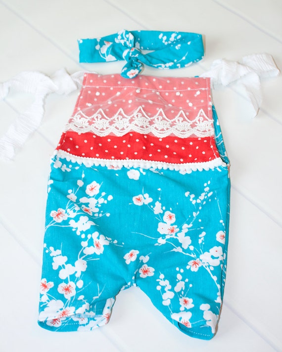 Teal the Garden Sitter shortall romper in teal & red floral