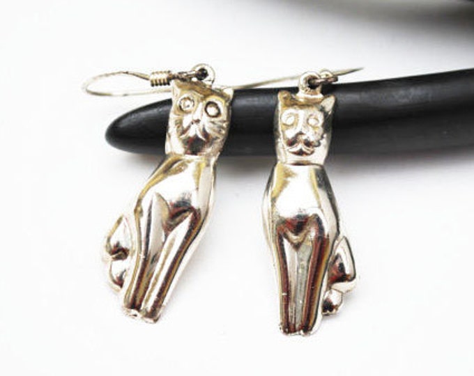 Sterling Silver Cat earrings dangle drop pierced