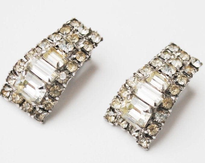 Rhinestone clip on earrings Clear crystal Emerald cut Wedding Bride Prom