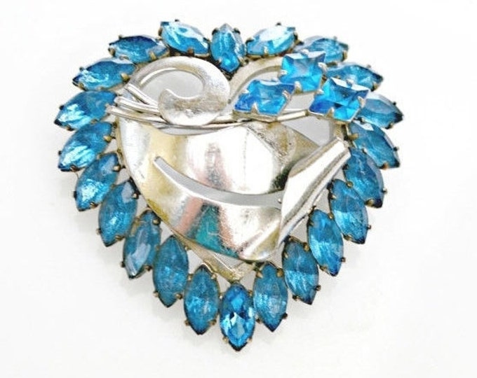 Rhinestone Heart Brooch Blue and silver mid century pin