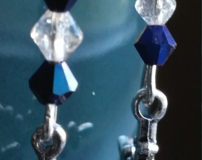 Snowflake Earrings Long 2" Dangle Blue, Clear Crystal, Silver Plated Hooks, Handmade Winter Earrings Swarovski CollegeDreaminKid #1687
