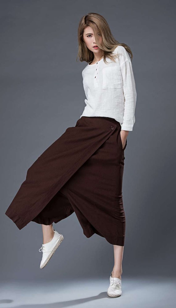 Brown Summer Culottes Classic Elegant Linen Wide-Legged