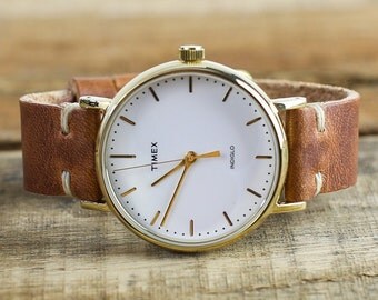Timex® + Leather Watch Strap Combo // Horween Leather Watch Band in English Tan Dublin // 37mm Gold Timex Weekender Fairfield
