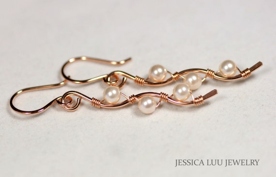 Rose Gold Pearl Earrings Wire Wrapped Jewelry Rose Gold