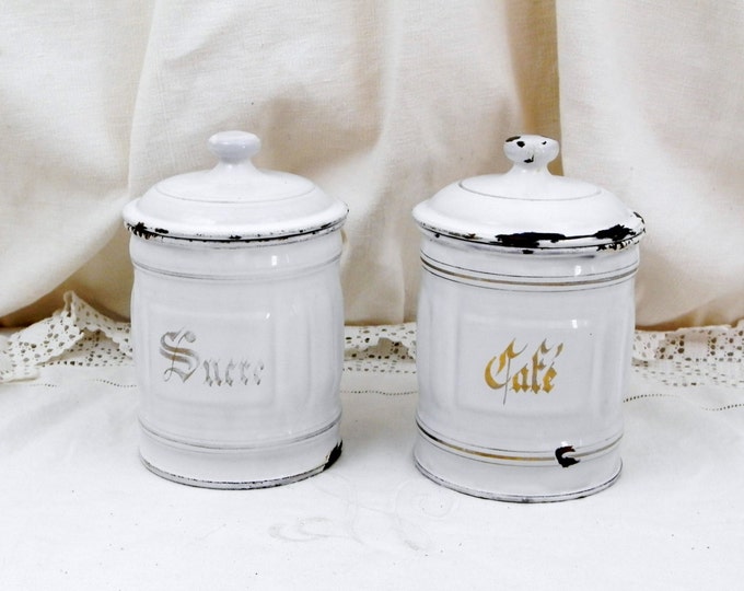 Antique 2 Piece French Chippy White and Gold Enamelware Metal Canister Set Sucre Cafe / Sugar Coffee, Country, Decor, Shabby, Chic, Cottage