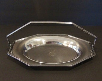 Silver Plated Basket Tray with Handle and "L" Monogram / Sheffield Silver Co. / Silverplated Tray