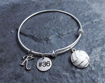 Volleyball Bracelet - Team Gifts - Choose Initial and Number - Charm Bracelet - Volleyball Gifts - Personalized Jewelry - Expandable Bangle