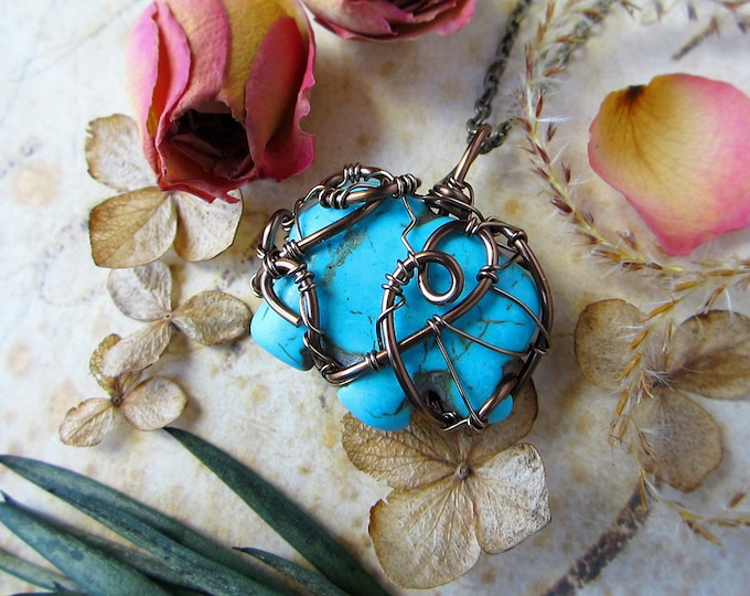 Totem or spirit animal necklace "Asia" with wire wrapped carved turquoise howlite elephant figurine. Custom length chain.