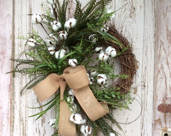 Cotton Wreath, Cotton Boll Wreath, Preserved Cotton Wreath,Summer Wreath, Year round Wreath, Primitive Wreath, Front door Wreath,Door Wreath