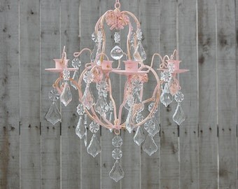 Candle Chandelier, Shabby Chic, Pink, Gold, Hand Painted, Hanging Candle Holder, Custom Colors, Wedding, Nursery, Patio, Home Decor