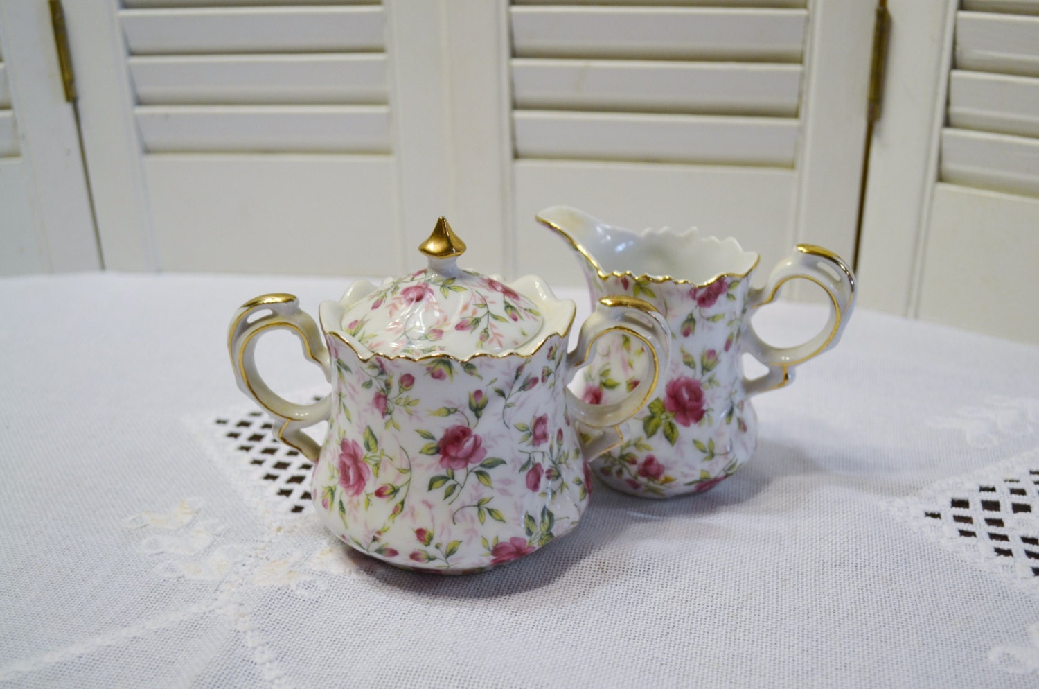 Lefton China Rose Chintz Sugar Bowl Creamer Matching Set Pink
