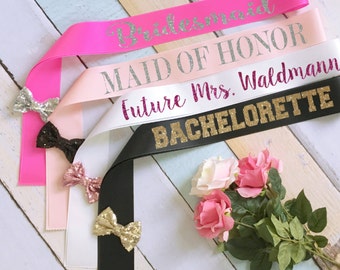 Bride Glitter Sash. Bridesmaid Sash. Future Mrs Sash. Bachelorette Sash. Maid of Honor Sash. Wedding Sash. Bow Wedding Sash. Custom Sash