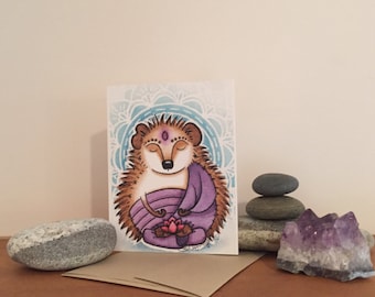 Zen Hedgie Buddha Blank Greeting Card in Blue
