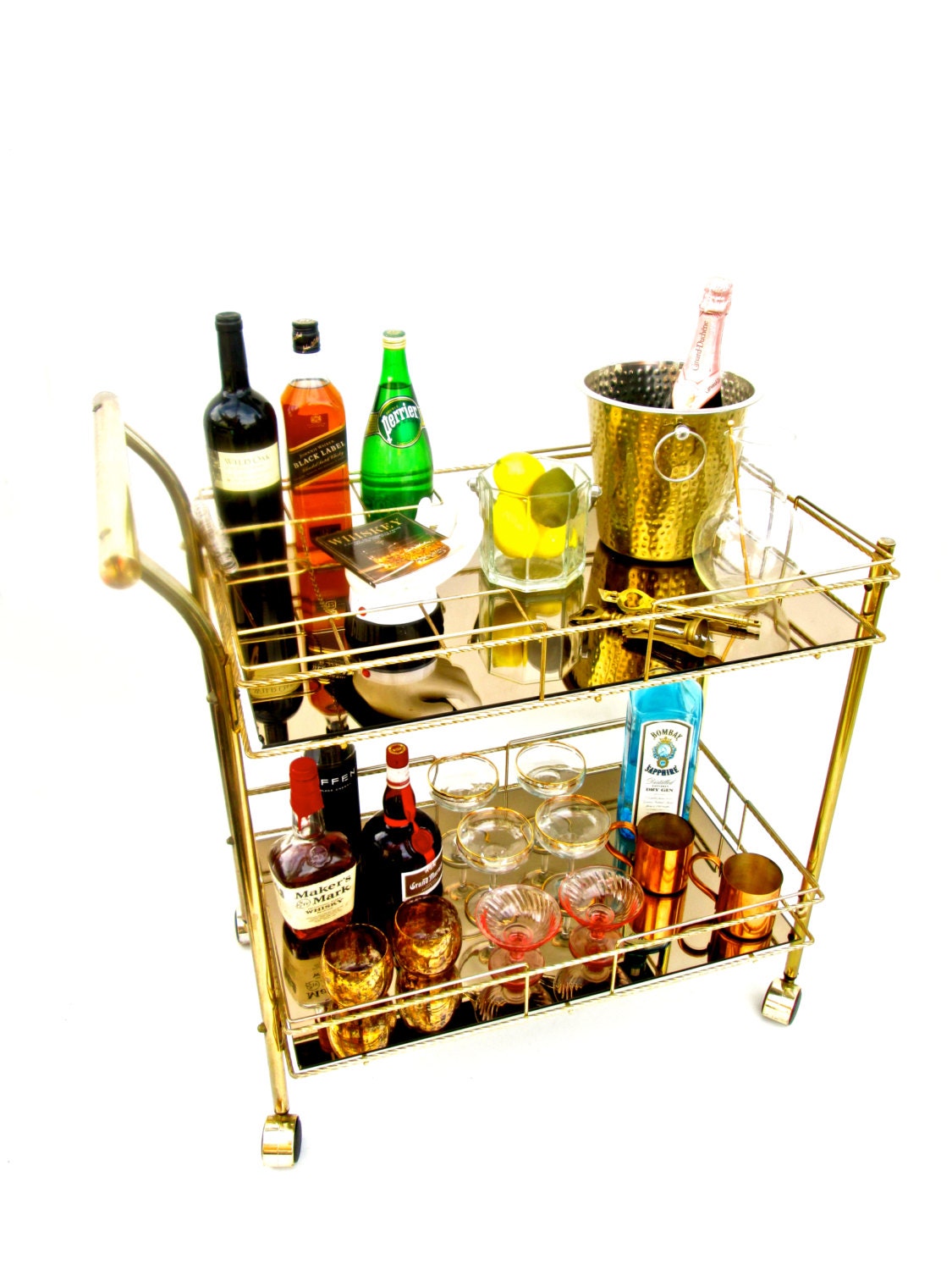 Vintage Brass Bar Cart GLAM TwoTier Gold Mirror Tops