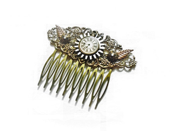 Victorian Steampunk Hair Comb, Steampunk hair accessories, Bridal Comb, Hair Accessory, Steampunk Wedding, Antique Bronze, Clock, Filigree by OneStopSteamShoppe steampunk buy now online