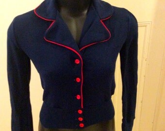 Vintage 70s Blue & Red Striped Knit Top Cardigan Sweater Sz M Aus 8 10 US 4 6