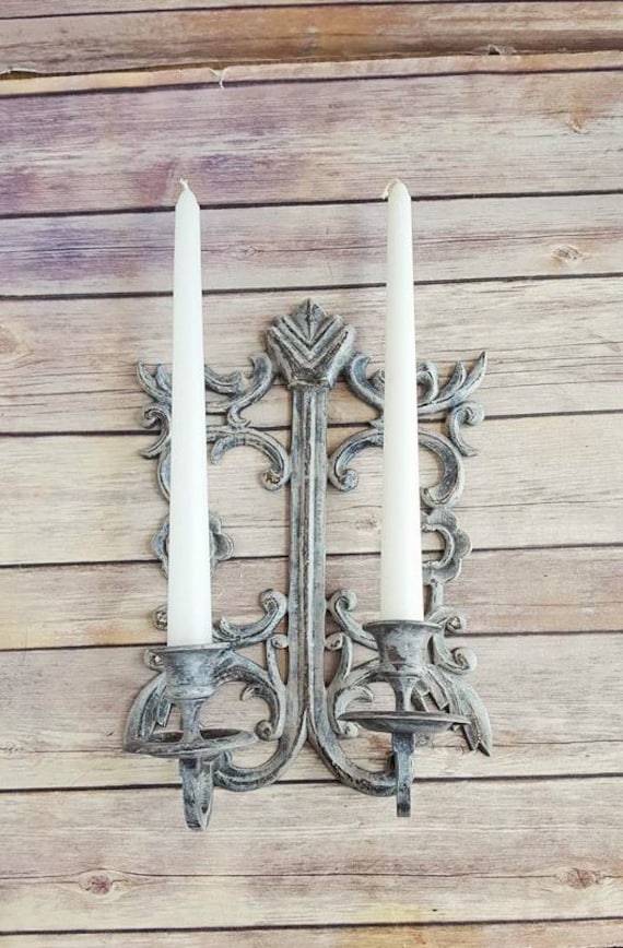 Sconce Candle Holders Cast Iron Antique White by CraftyMcDaniel