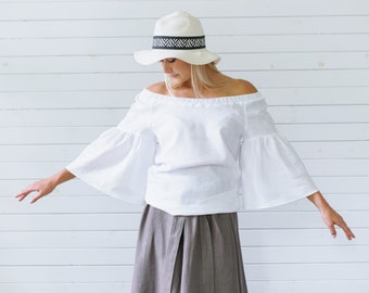 Linen blouse, Ruffle sleeve top in white, Linen summer blouse, Off shoulder top, 3/4 sleeve linen blouse, Ruffle blouse linen, Summer top