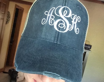 Women's Custom Monogrammed Adams Distressed Trucker Hat/Cap Personalized Monogrammed Embroidery Bridal party or bridesmaid gift wedding gift